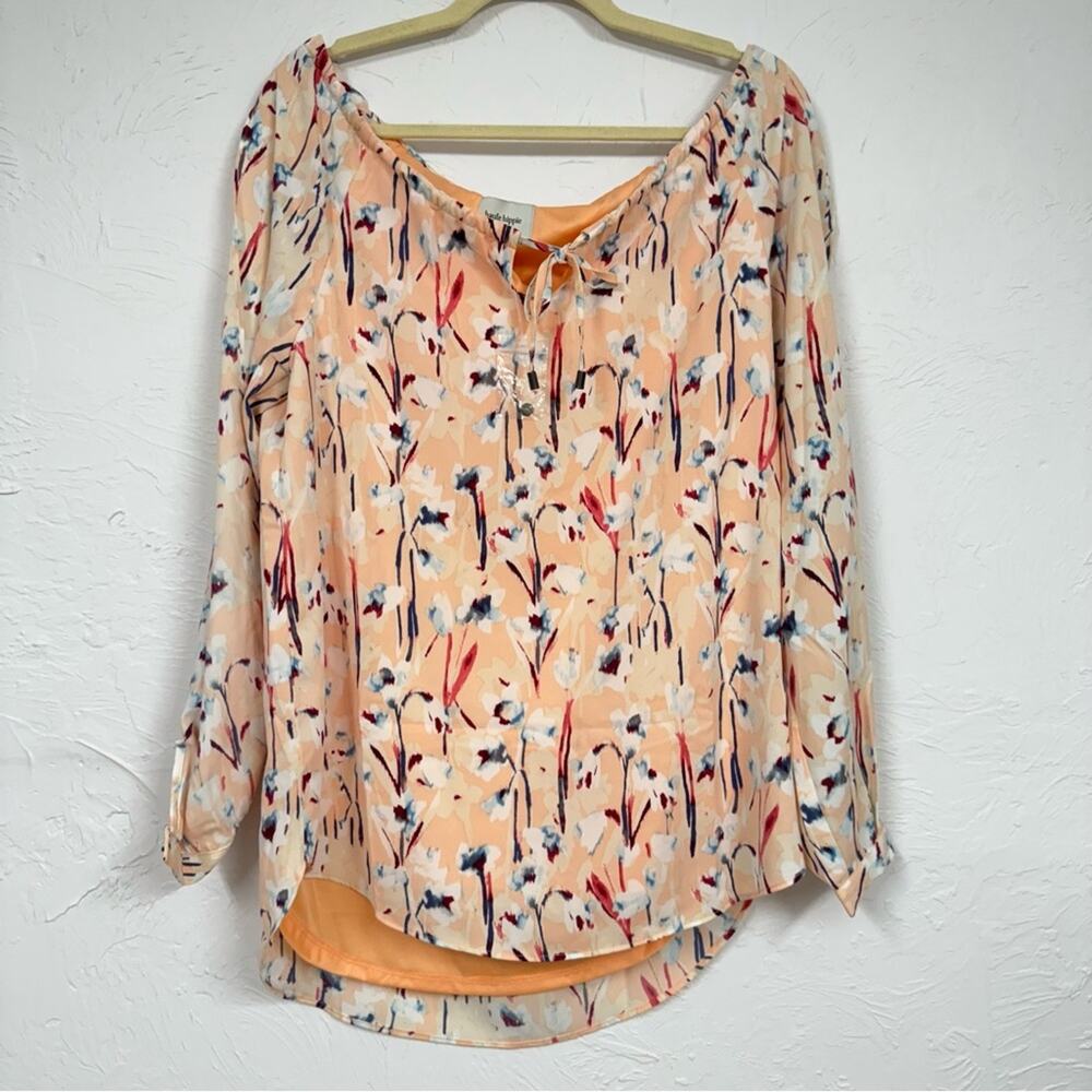 Haute Hippie Peach Floral Oversized Slit Sleeve Blouse Womens XS Spring Ruffle